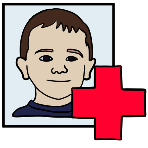 A portrait of Ryan Saunders on a blue rectangle with a red cross in front of it. 